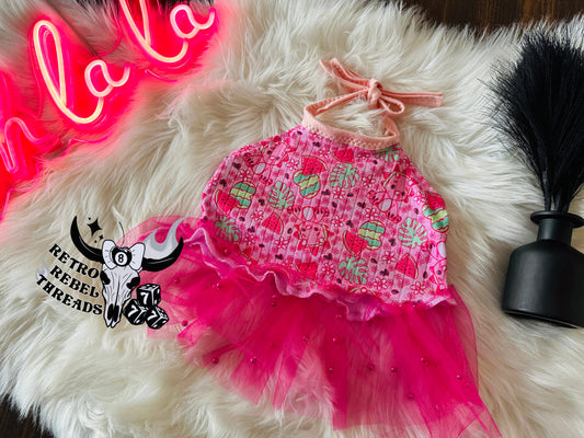 Ready to Ship ~2T watermelon Dino’s ruffle halter top