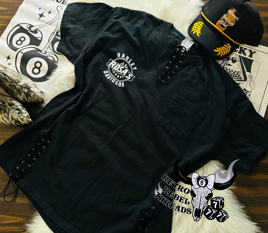 Ready to Ship ~ Authentic HD Racing Up-Cycle Lace up tee (unisex tee XL)